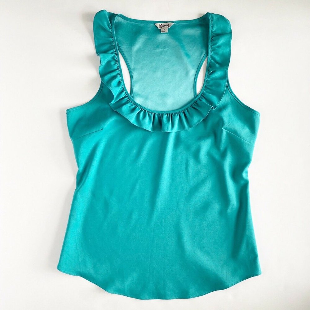 Turquoise Racerback Ruffle Trim Tank Blouse Medium - Picture 7 of 7
